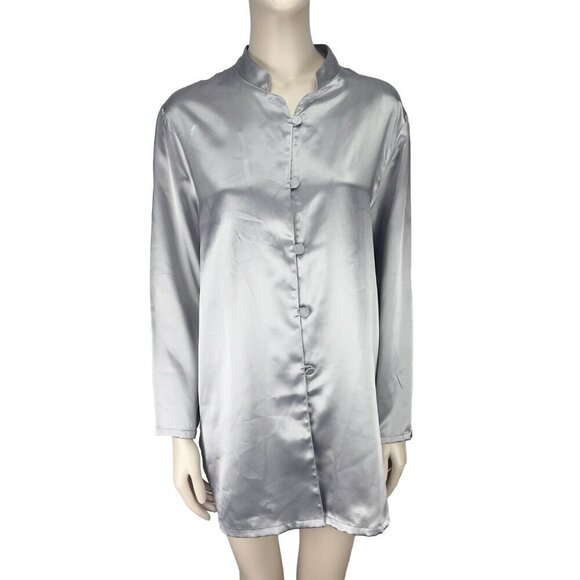 Diane Von Furstenberg Other - DIANE VON FURSTENBERG Oversized Satin Silver Long‎ Blouse Button-down Shirt sz L